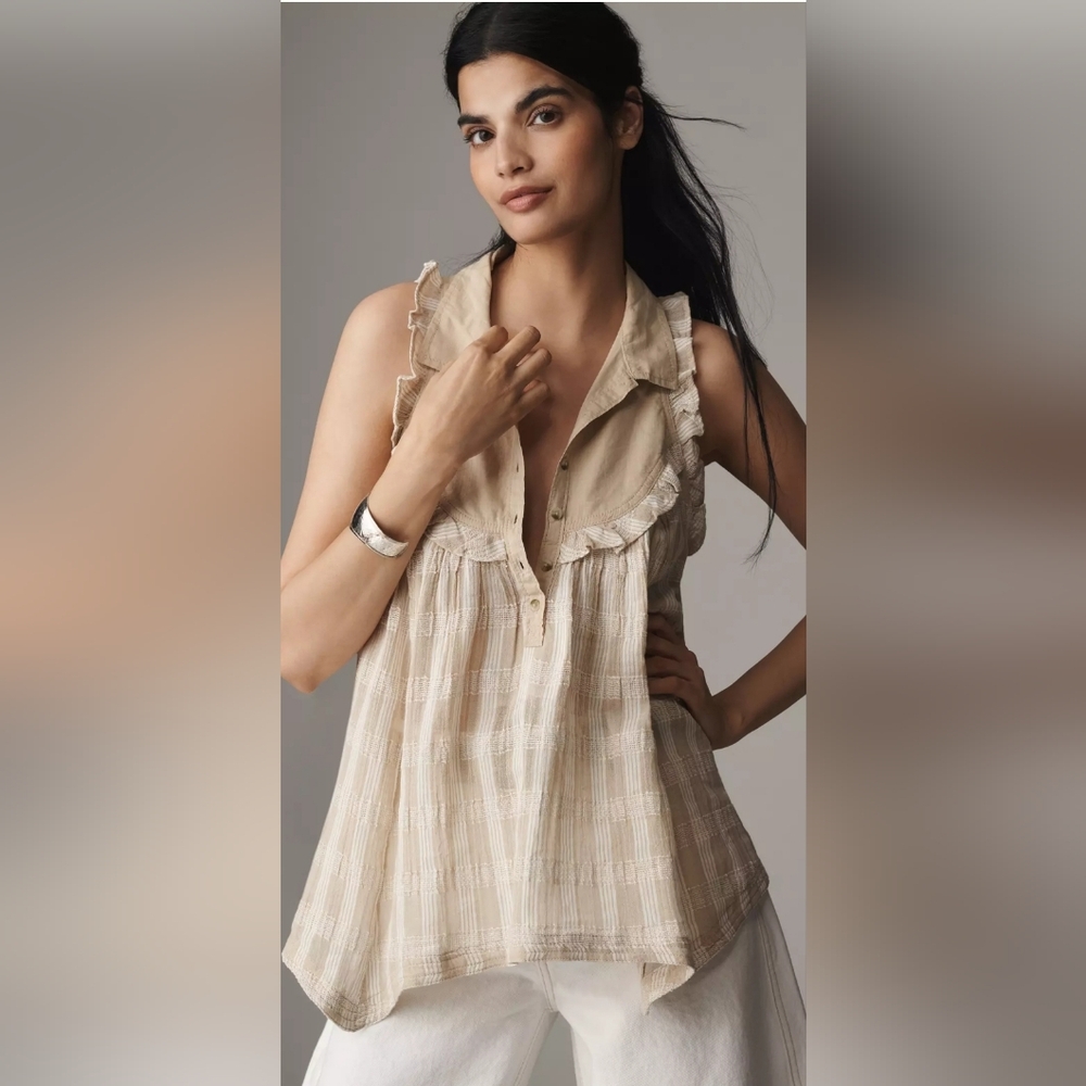Anthropologie Sleeveless Seaside Ruffled Collared Swing Blouse